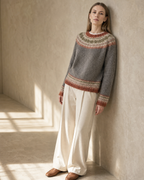Women's Multicolour Patterned Crew Neck Sweater in Dark Gray, wall lean, head tipped back, worn by model