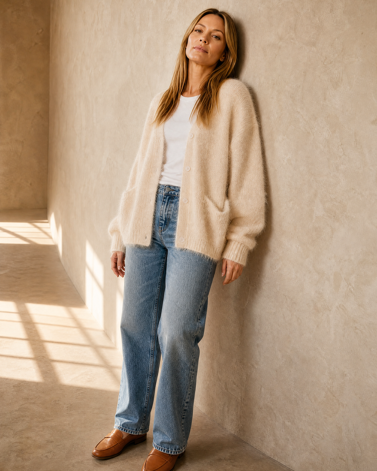 Women's V-Neck Button Cardigan with Pockets in Apricot, wall lean, head tipped back, worn by model