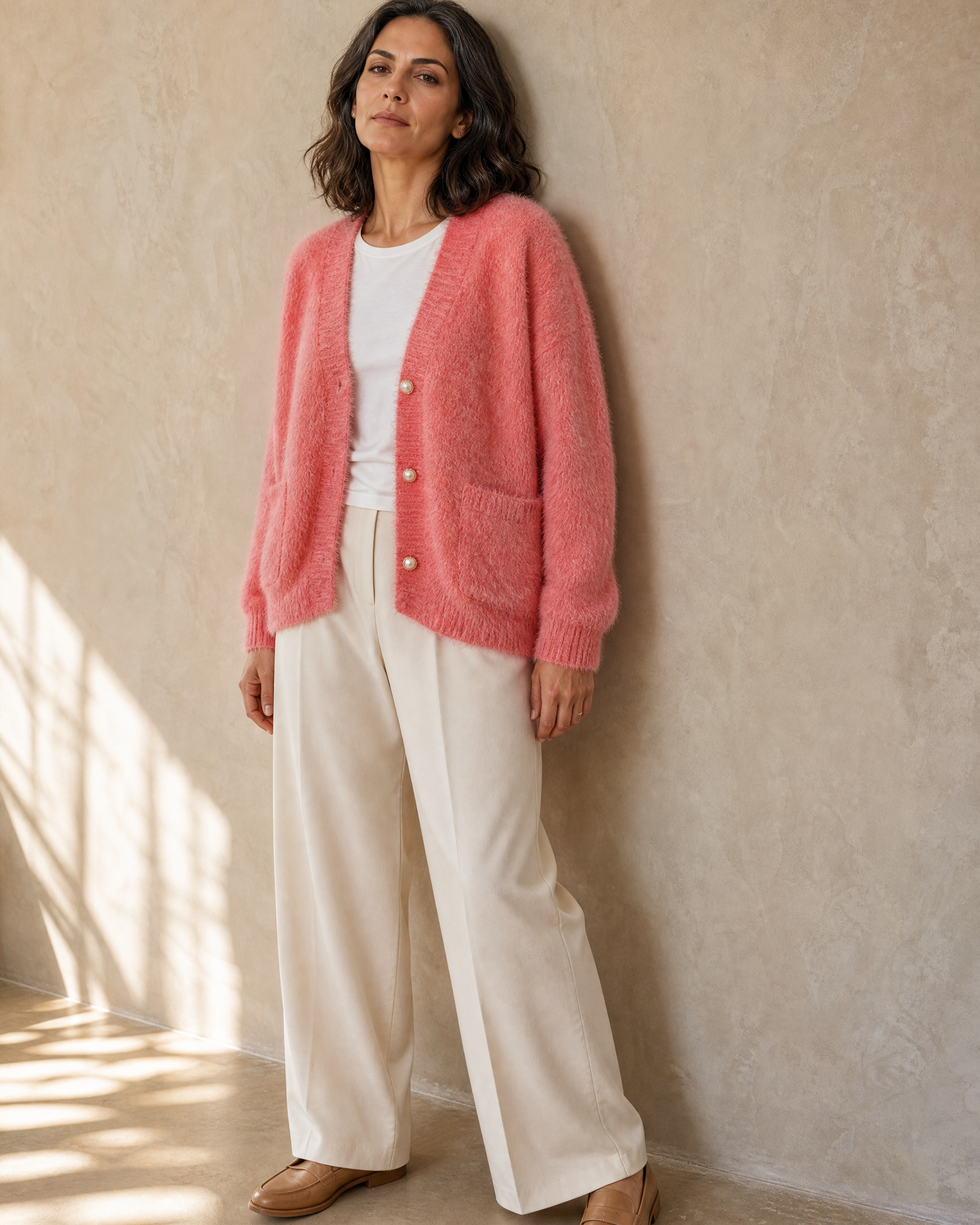 Women's Fuzzy Button Cardigan with Patch Pockets in Pink, wall lean, head tipped back, worn by model