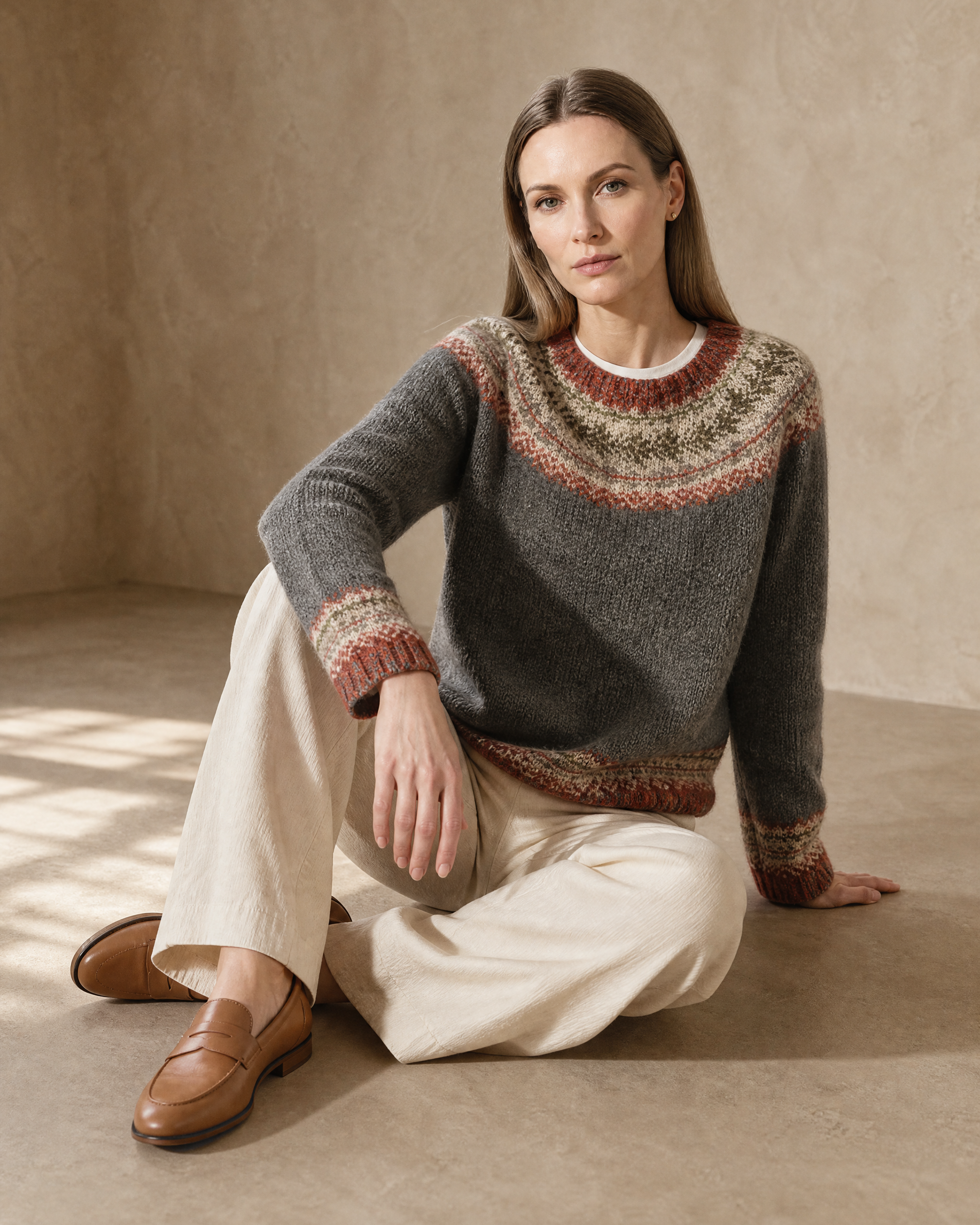 Women's Multicolour Patterned Crew Neck Sweater in Dark Gray, floor, one knee up, arm draped, worn by model