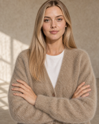 Women's V-Neck Button Cardigan with Pockets in Khaki, yoke and shoulder line detail, worn by model