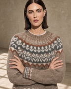 Women's Multicolour Patterned Crew Neck Sweater in Camel, yoke and shoulder line detail, worn by model