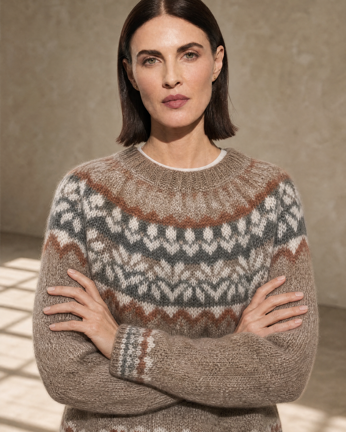 Women's Multicolour Patterned Crew Neck Sweater in Camel, yoke and shoulder line detail, worn by model