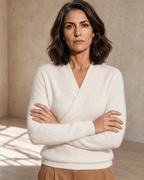 Women's Wrap V-Neck Knit Sweater for Everyday Layering in Milk white, yoke and shoulder line detail, worn by model