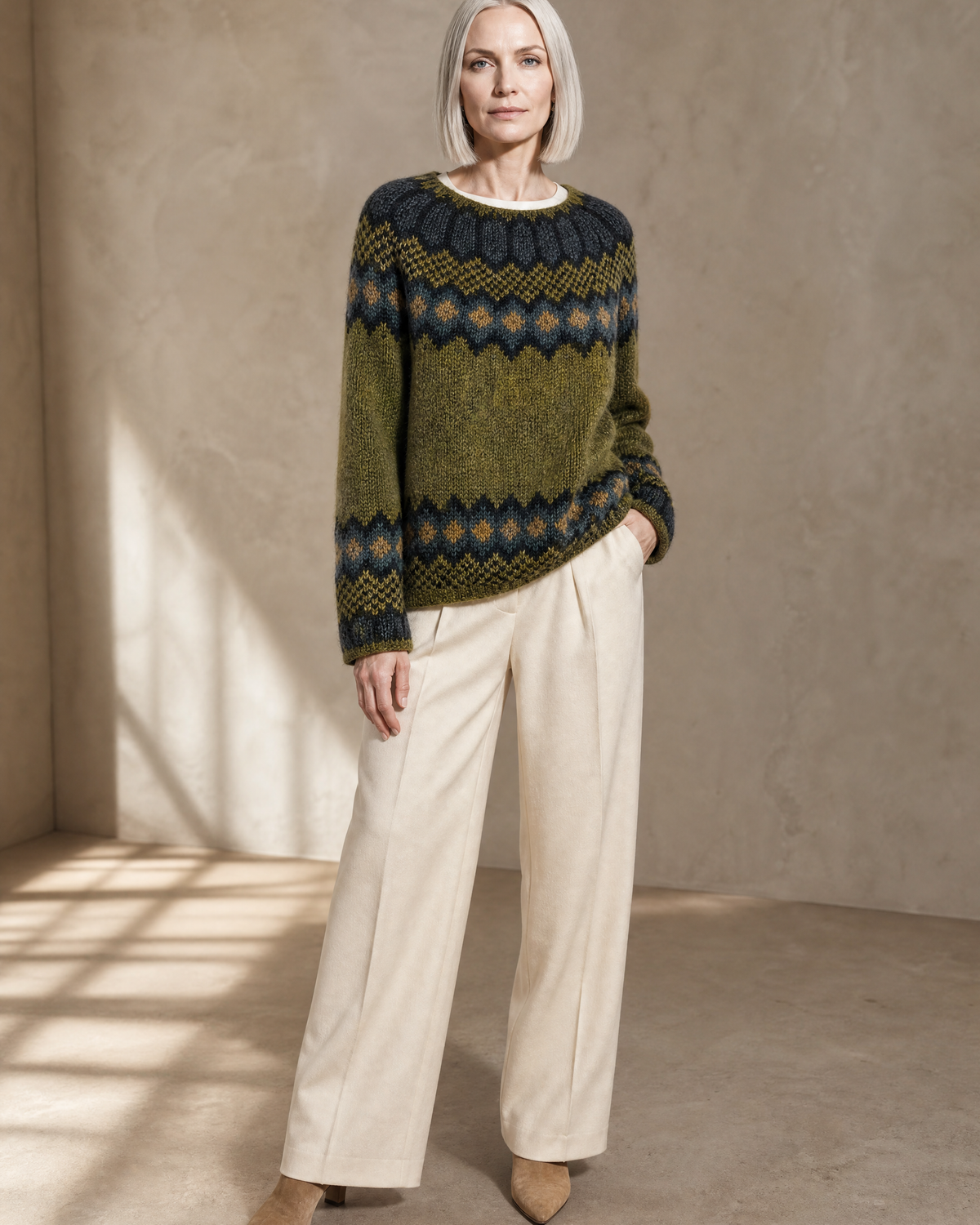 Women's Multicolour Patterned Crew Neck Sweater in Green, relaxed standing, one hand at hip, worn by model
