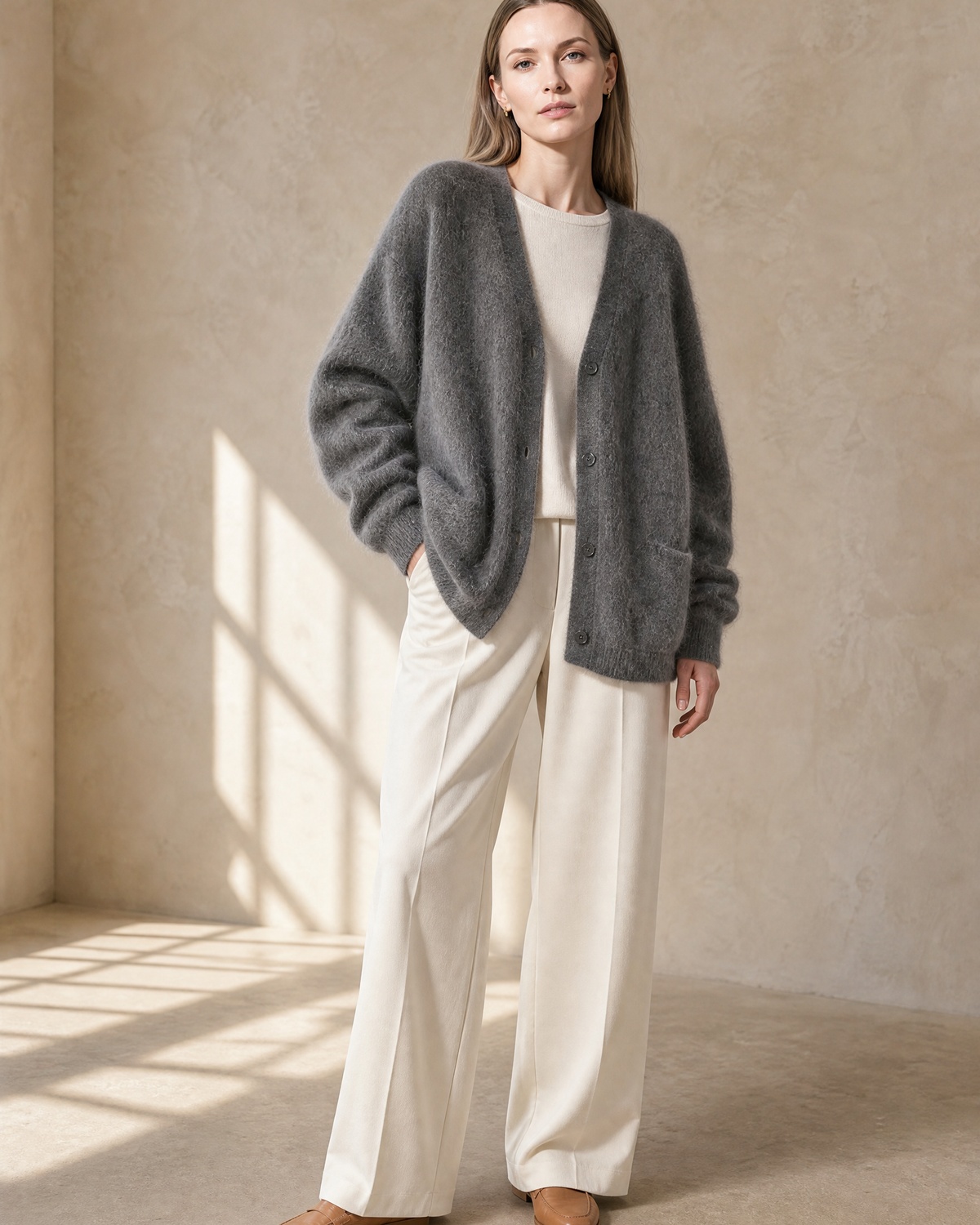 Women's V-Neck Button Cardigan with Pockets in Dark Gray, relaxed standing, one hand at hip, worn by model