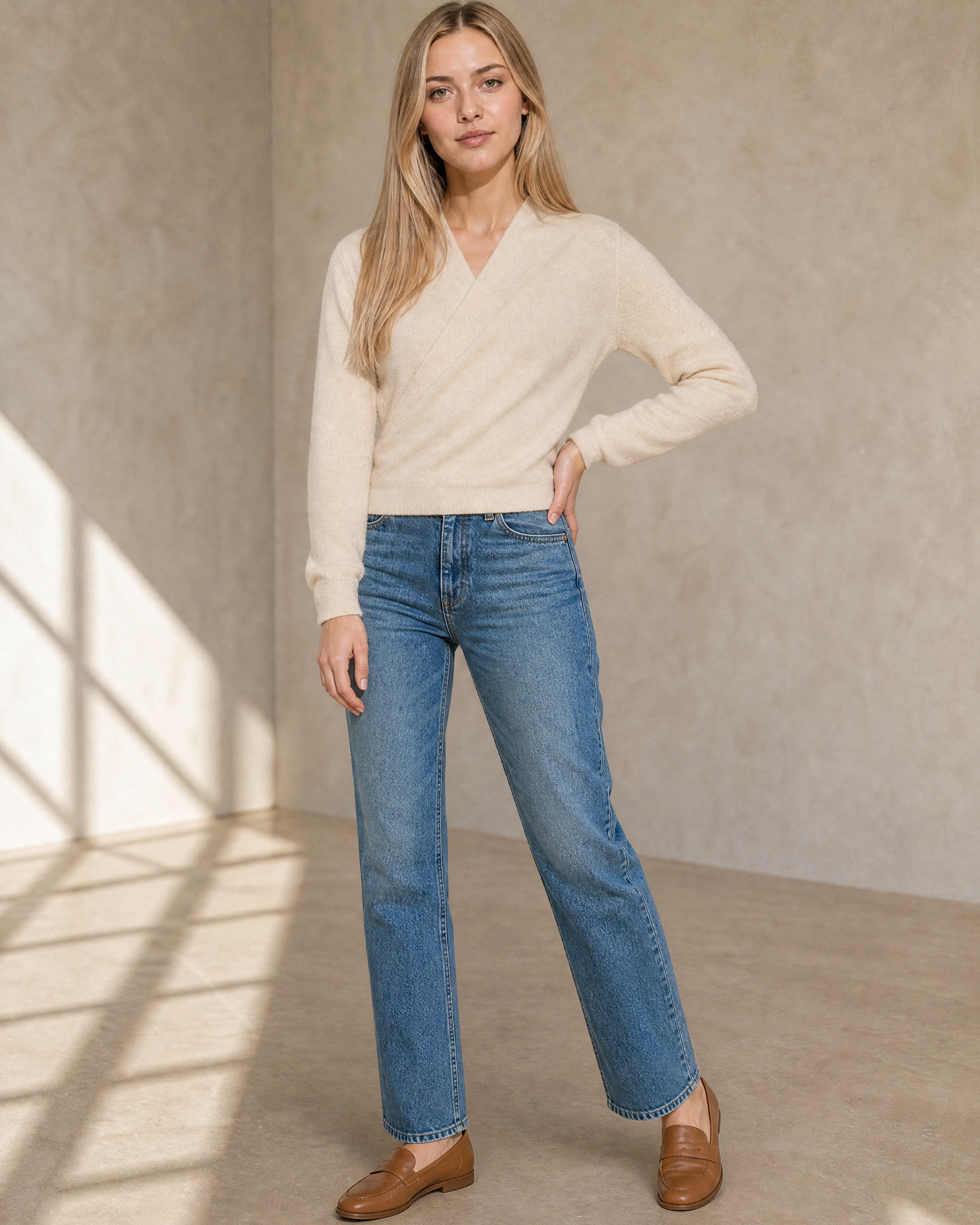 Women's Wrap V-Neck Knit Sweater for Everyday Layering in Vanilla beige, relaxed standing, one hand at hip, worn by model
