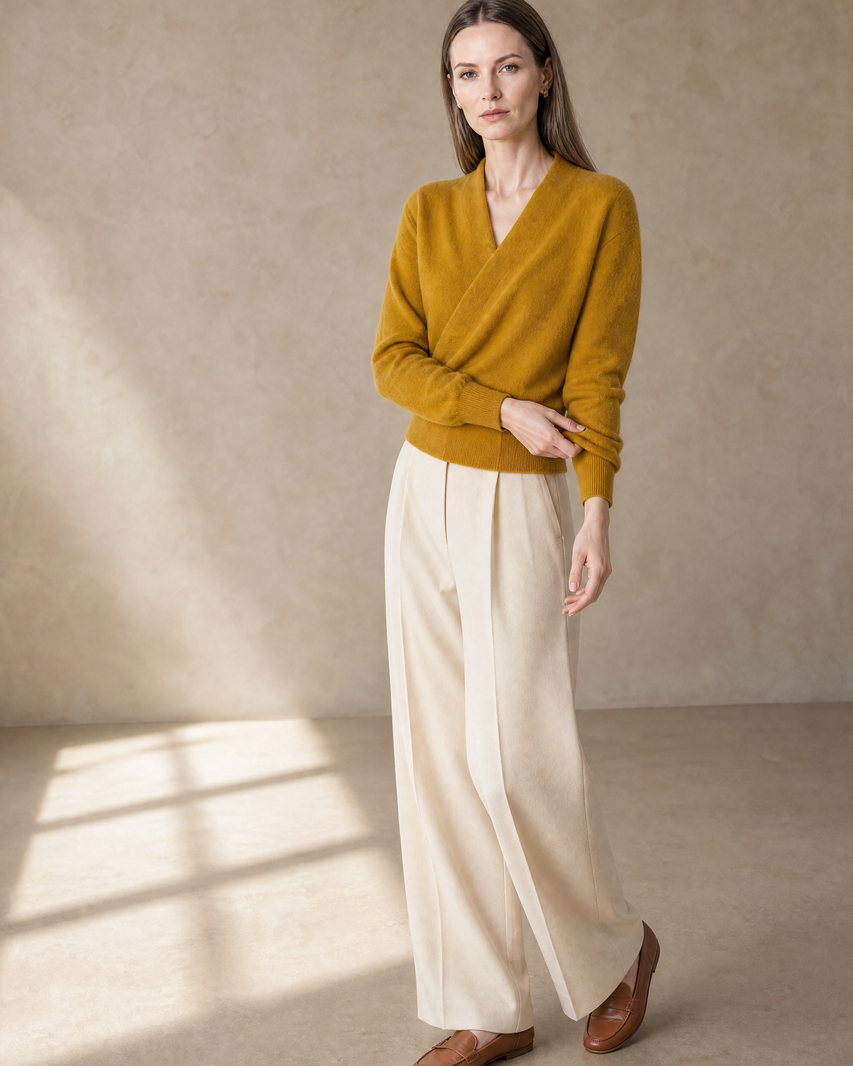 Women's Wrap V-Neck Knit Sweater for Everyday Layering in Autumn yellow, standing, sleeve adjust, worn by model