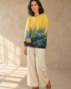 Women's Multicolour Patterned Crew Neck Sweater in Yellow, standing, sleeve adjust, worn by model