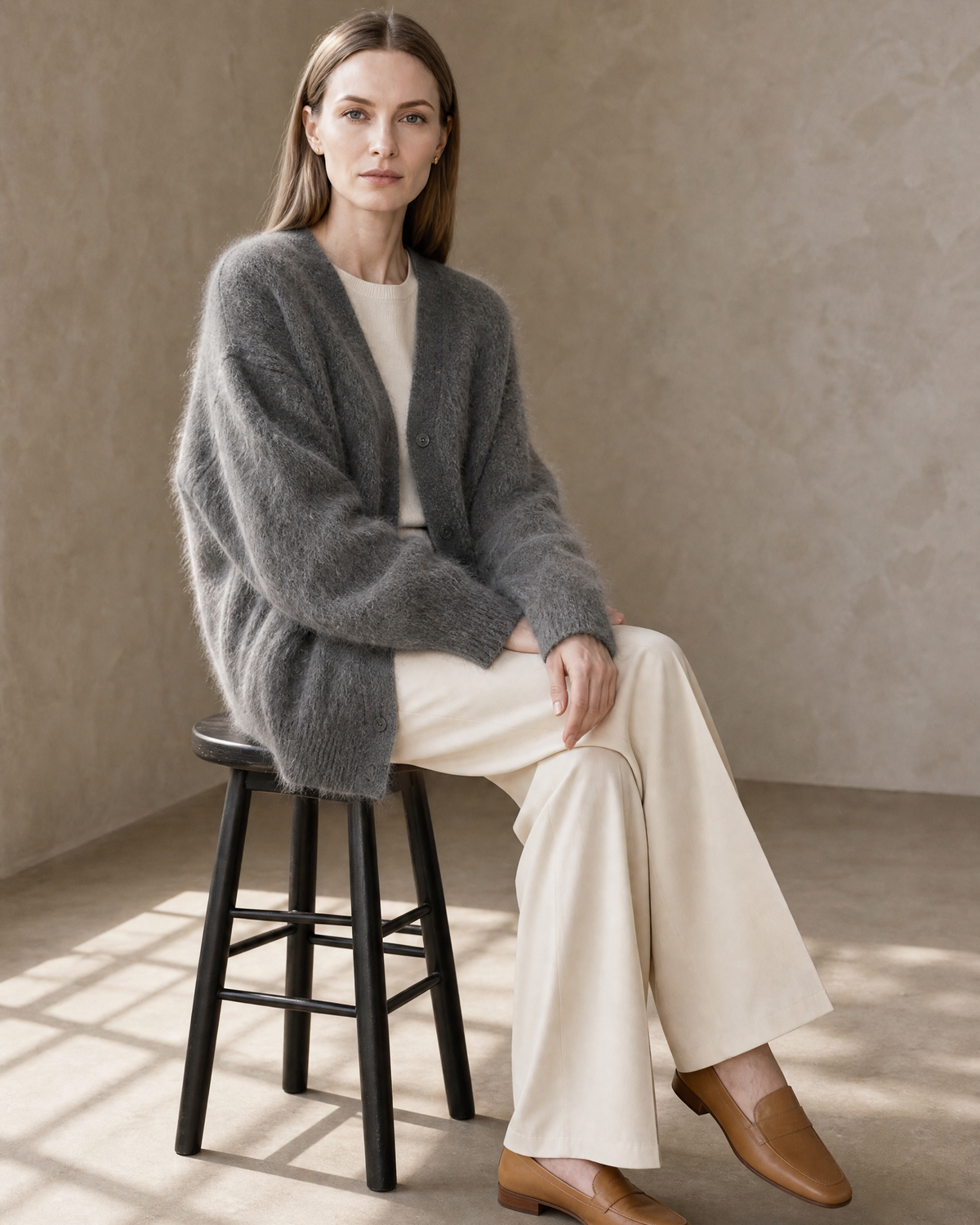 Women's V-Neck Button Cardigan with Pockets in Dark Gray, stool, side sit with hands on knee, worn by model
