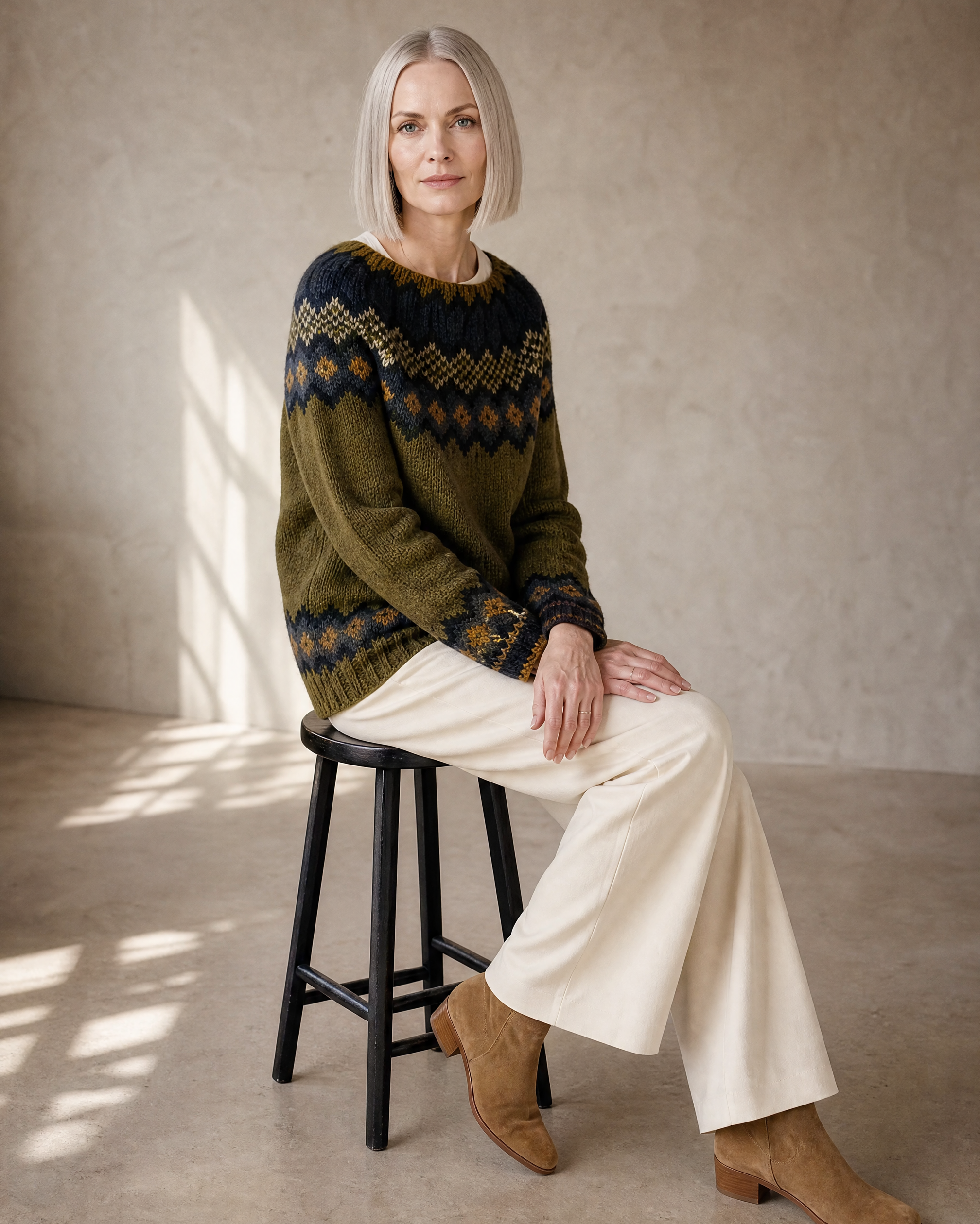 Women's Multicolour Patterned Crew Neck Sweater in Green, stool, side sit with hands on knee, worn by model