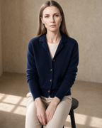 Women's Stand Collar Button Front Cardigan in Navy Blue, stool, forward perch, worn by model