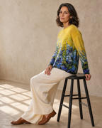 Women's Multicolour Patterned Crew Neck Sweater in Yellow, stool, turned profile, worn by model