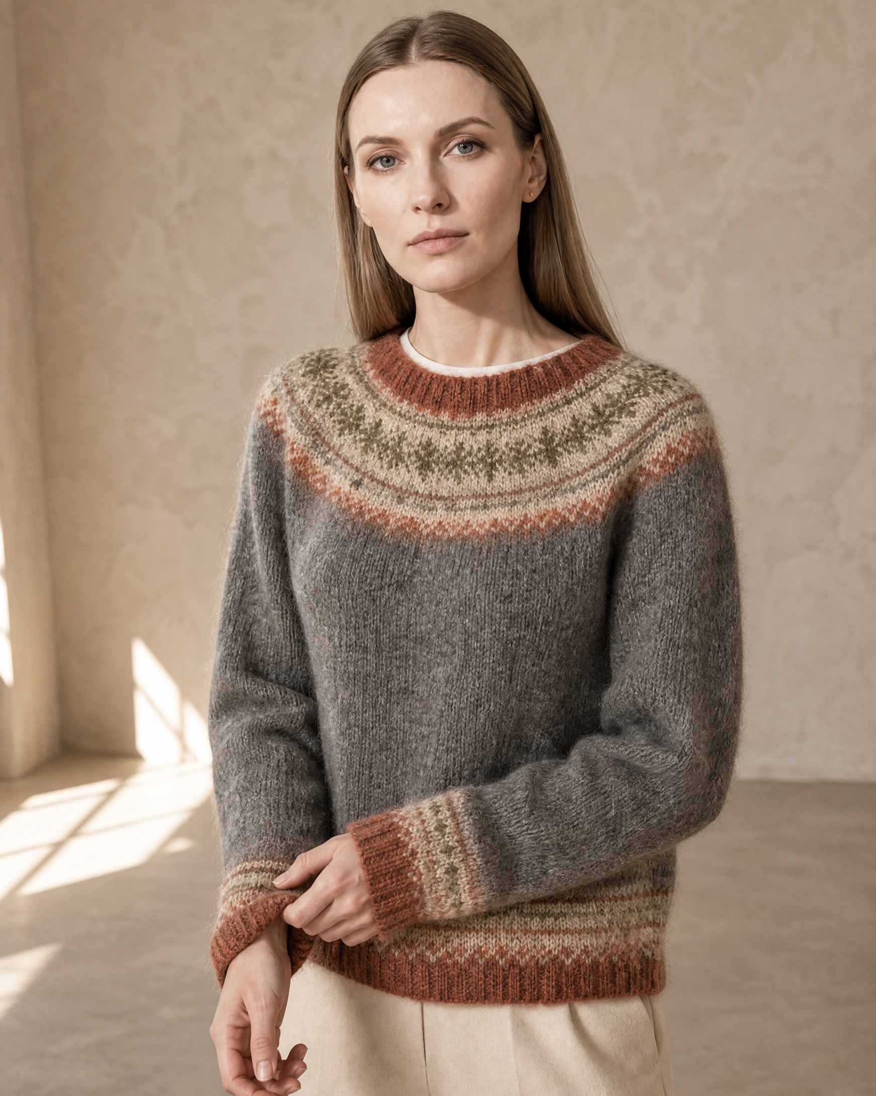 Women's Multicolour Patterned Crew Neck Sweater in Dark Gray, neckline and cuff detail, worn by model