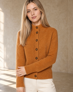 Women's Stand Collar Button Front Cardigan in Caramel Color, neckline and cuff detail, worn by model