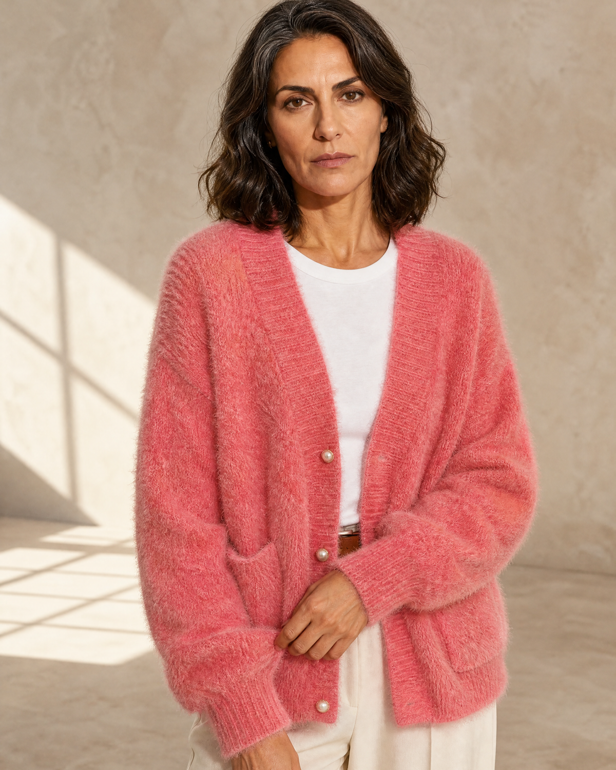 Women's Fuzzy Button Cardigan with Patch Pockets in Pink, neckline and cuff detail, worn by model