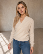 Women's Wrap V-Neck Knit Sweater for Everyday Layering in Vanilla beige, hem and sleeve texture detail, worn by model