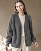 Women's V-Neck Button Cardigan with Pockets in Dark Gray, hem and sleeve texture detail, worn by model