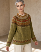 Women's Multicolour Patterned Crew Neck Sweater in Olive, hem and sleeve texture detail, worn by model