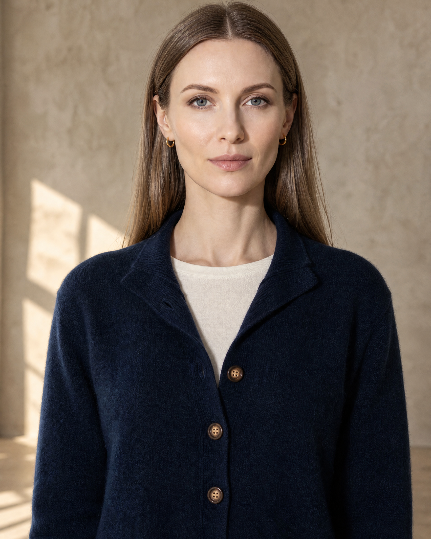 Women's Stand Collar Button Front Cardigan in Navy Blue, yoke detail, arms relaxed, worn by model