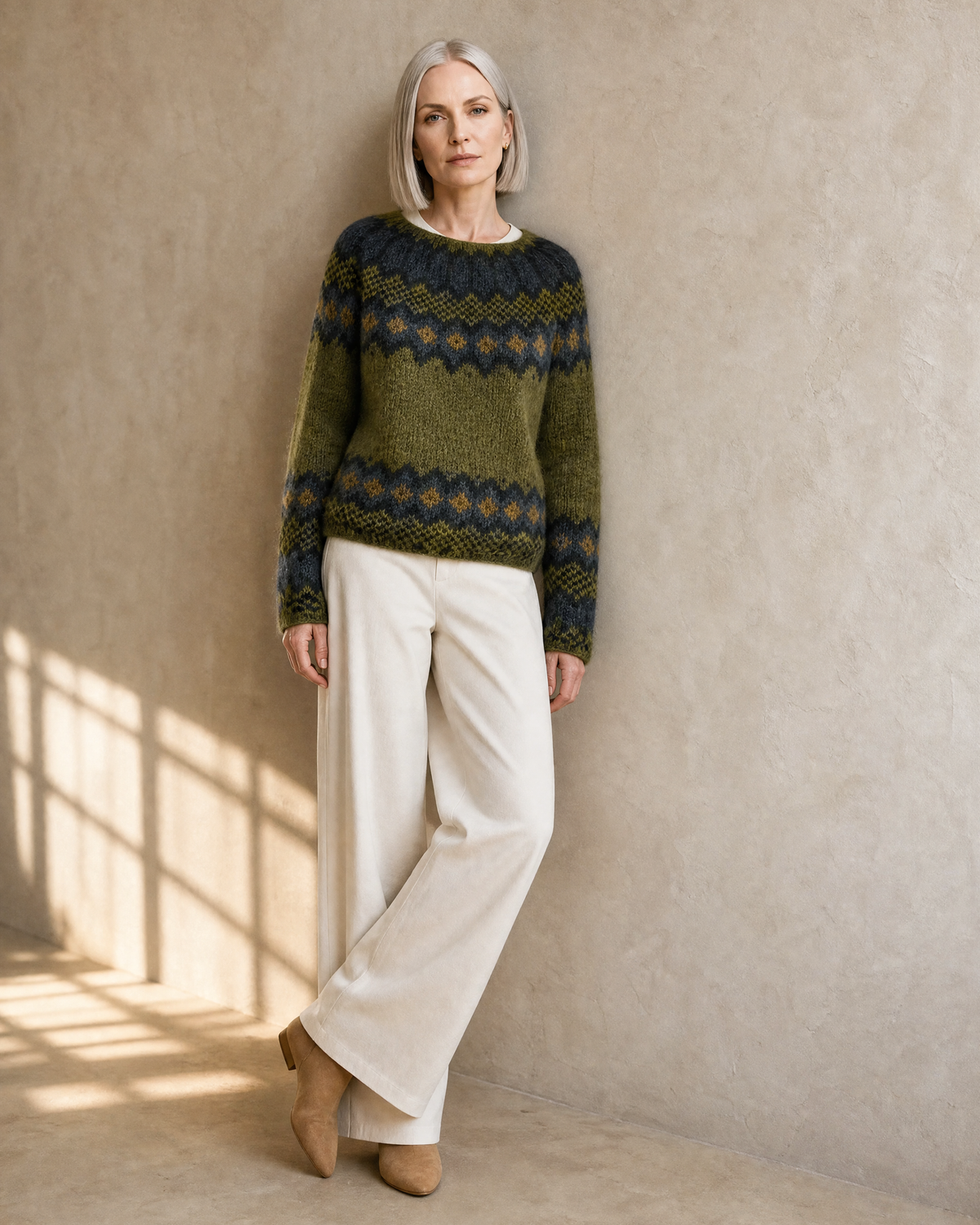 Women's Multicolour Patterned Crew Neck Sweater in Green, wall lean, ankles crossed, worn by model