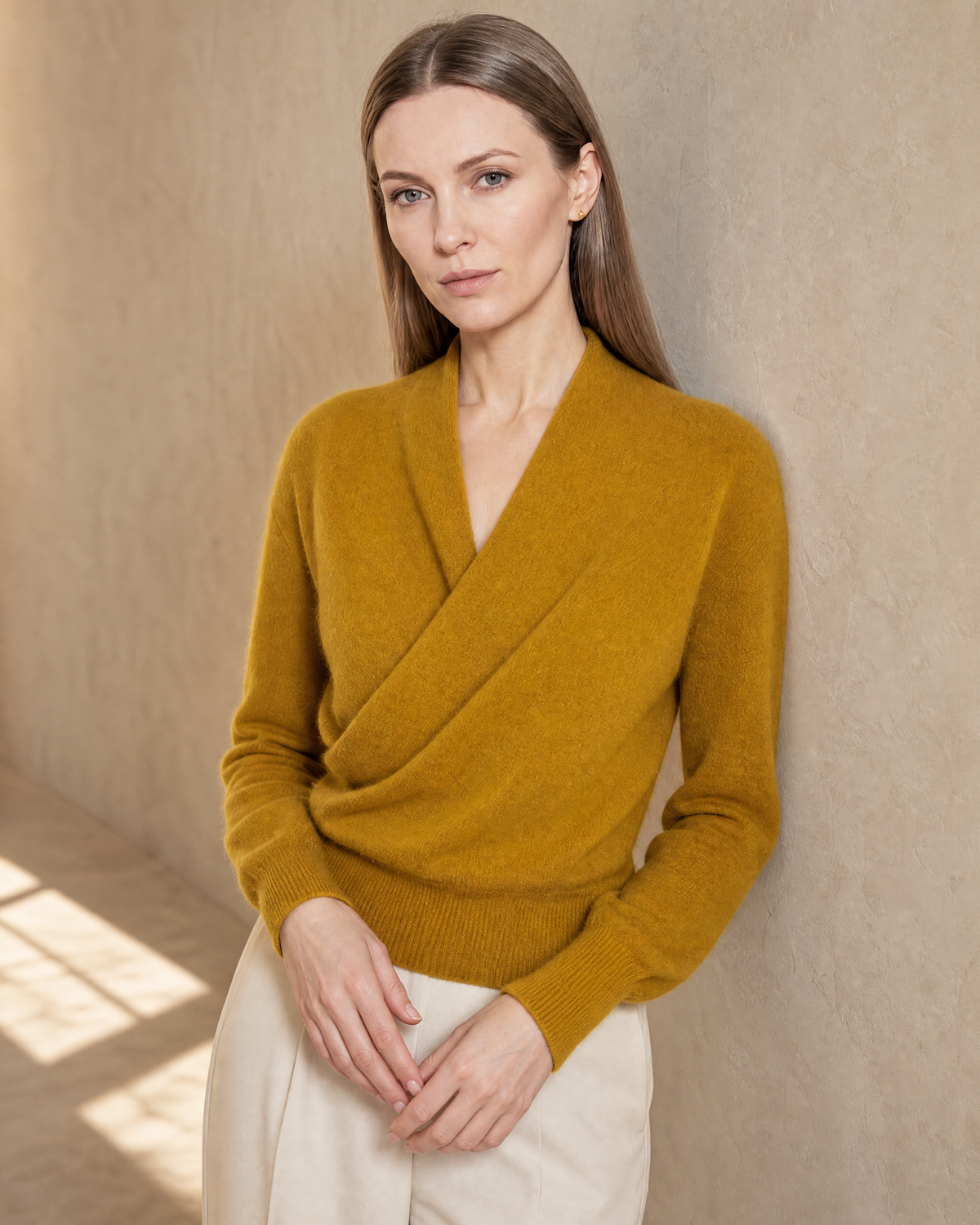 Women's Wrap V-Neck Knit Sweater for Everyday Layering in Autumn yellow, wall lean, hands loosely joined, worn by model