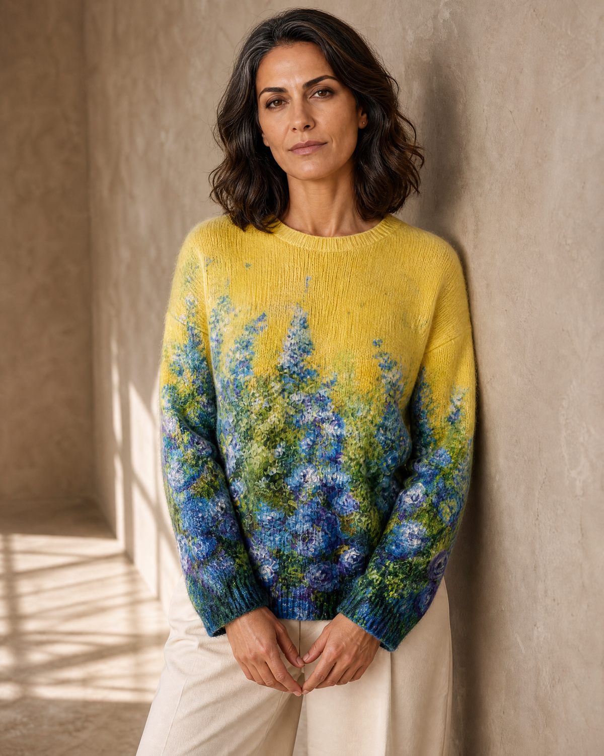 Women's Multicolour Patterned Crew Neck Sweater in Yellow, wall lean, hands loosely joined, worn by model