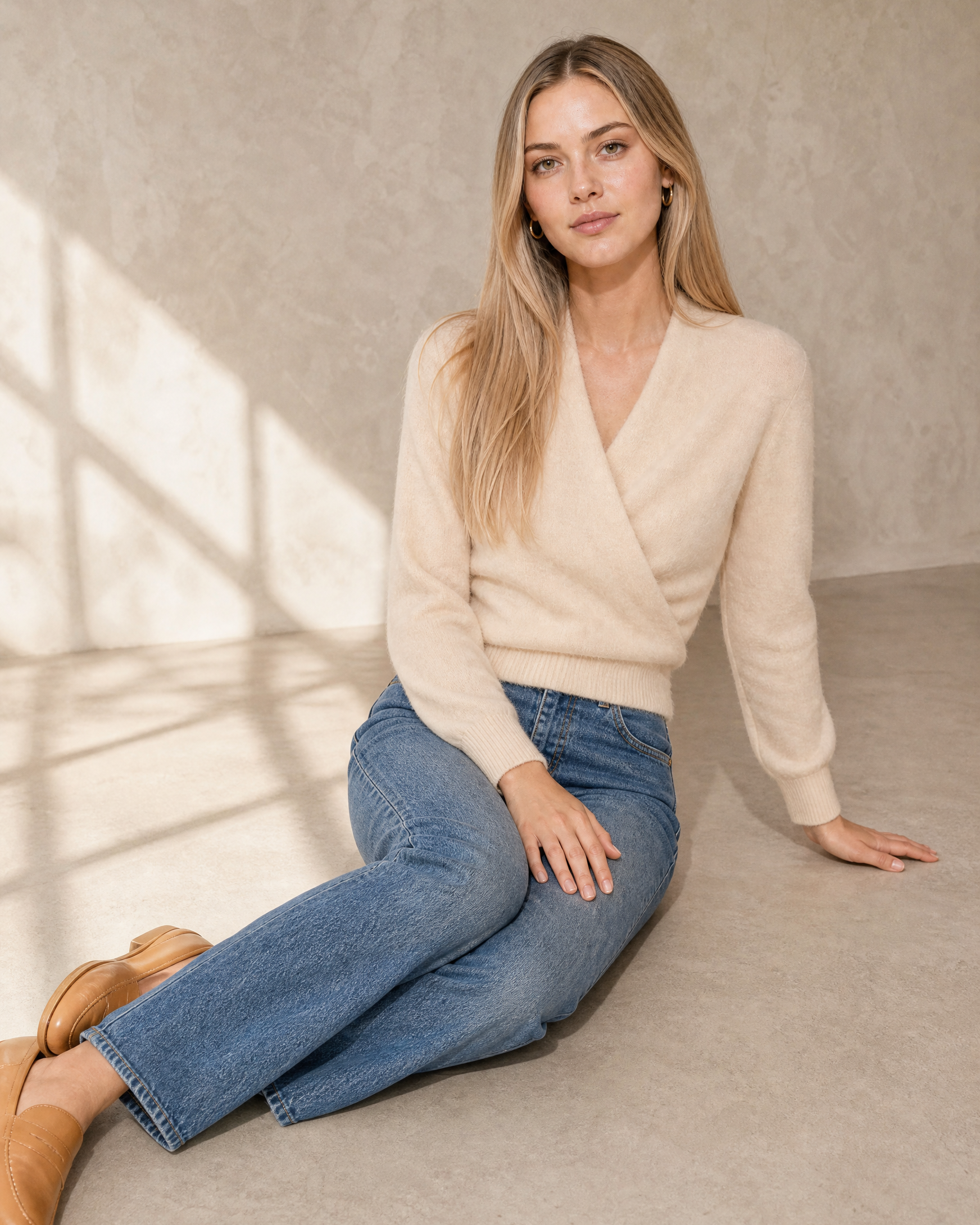 Women's Wrap V-Neck Knit Sweater for Everyday Layering in Vanilla beige, floor, legs extended to one side, worn by model