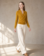 Women's Wrap V-Neck Knit Sweater for Everyday Layering in Autumn yellow, slow walk, soft turn, worn by model
