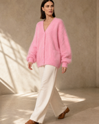 Women's V-Neck Button Cardigan with Pockets in Pink, slow walk, soft turn, worn by model