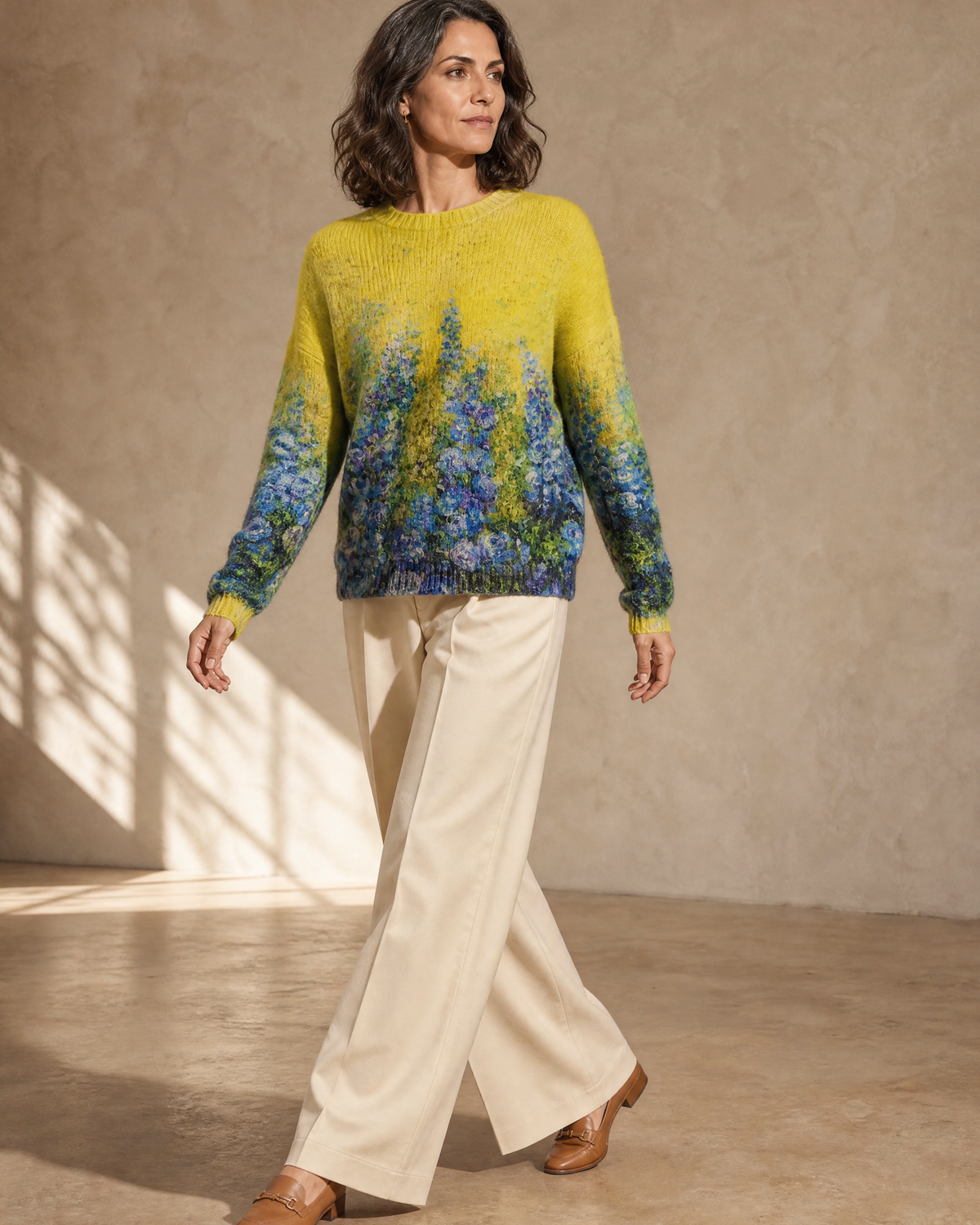 Women's Multicolour Patterned Crew Neck Sweater in Yellow, slow walk, soft turn, worn by model