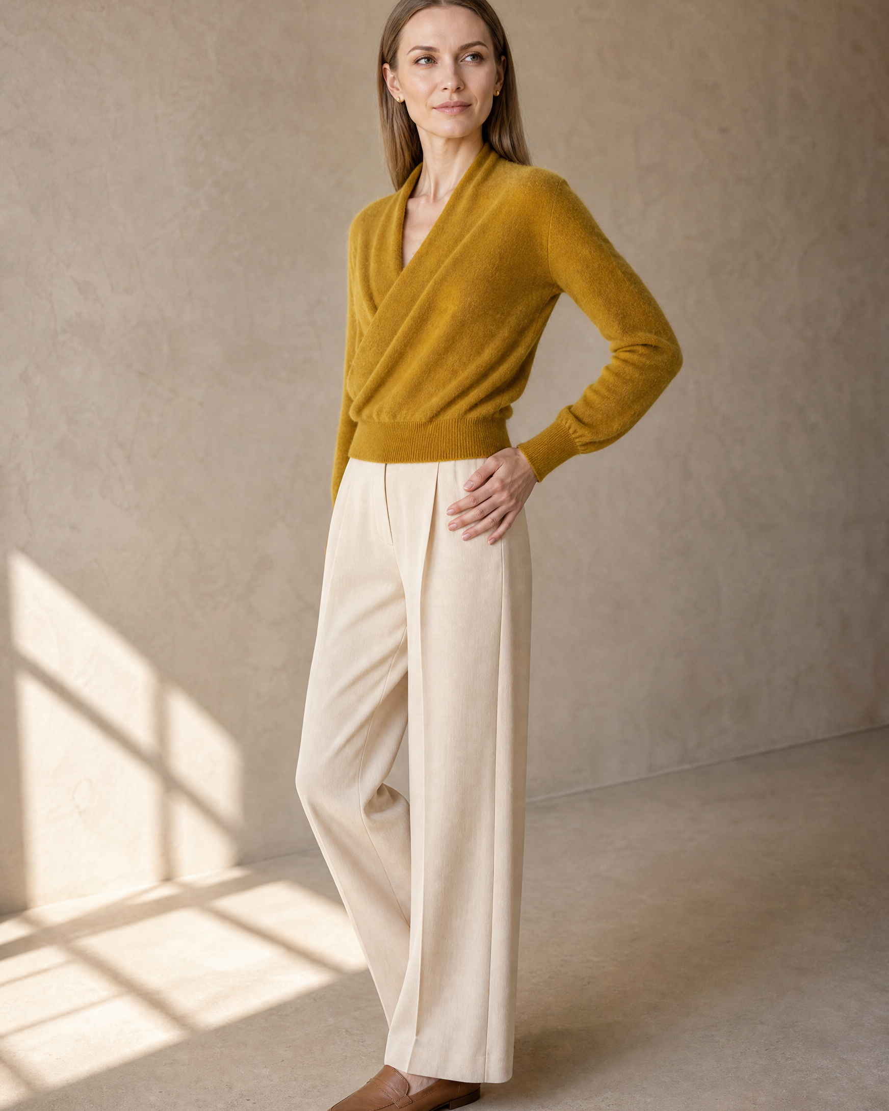 Women's Wrap V-Neck Knit Sweater for Everyday Layering in Autumn yellow, hem and side seam detail, worn by model