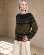 Women's Multicolour Patterned Crew Neck Sweater in Green, hem and side seam detail, worn by model