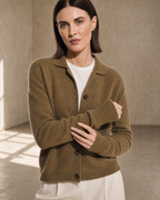 Women's Stand Collar Button Front Cardigan in Deep Camel Color, forearm and cuff turn, worn by model