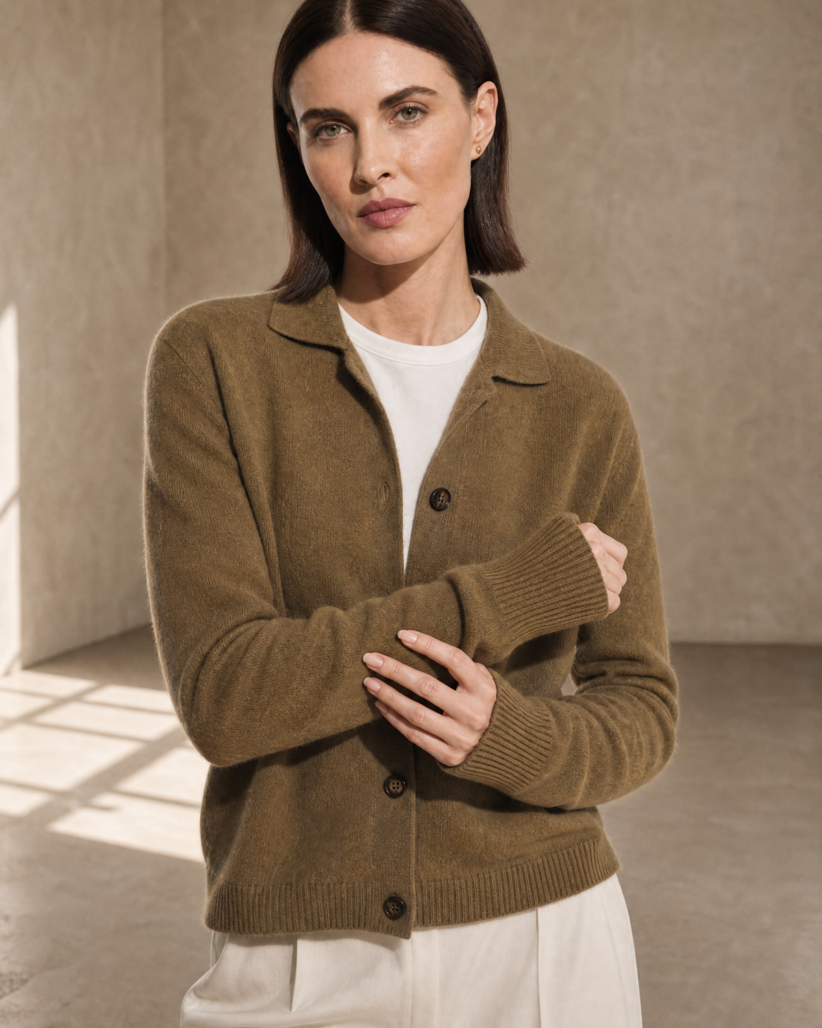 Women's Stand Collar Button Front Cardigan in Deep Camel Color, forearm and cuff turn, worn by model