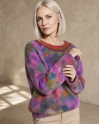 Women's Multicolour Patterned Crew Neck Sweater in Square, forearm and cuff turn, worn by model