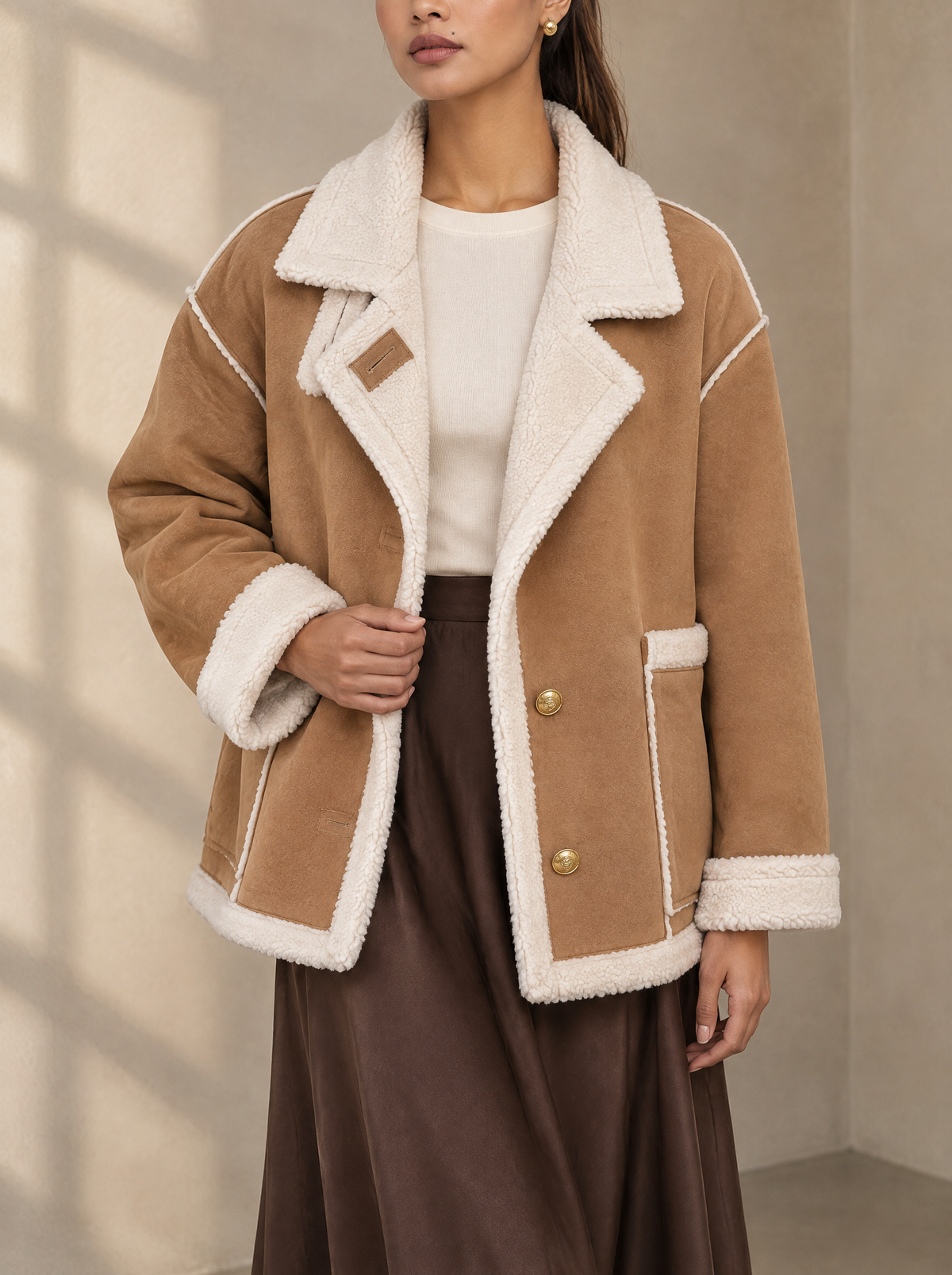 Warm editorial room · Soft sophisticated / old money Beige bust to thigh