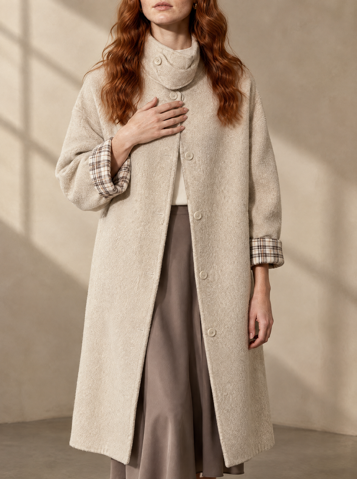 Warm editorial room · Soft sophisticated / old money Apricot bust to thigh
