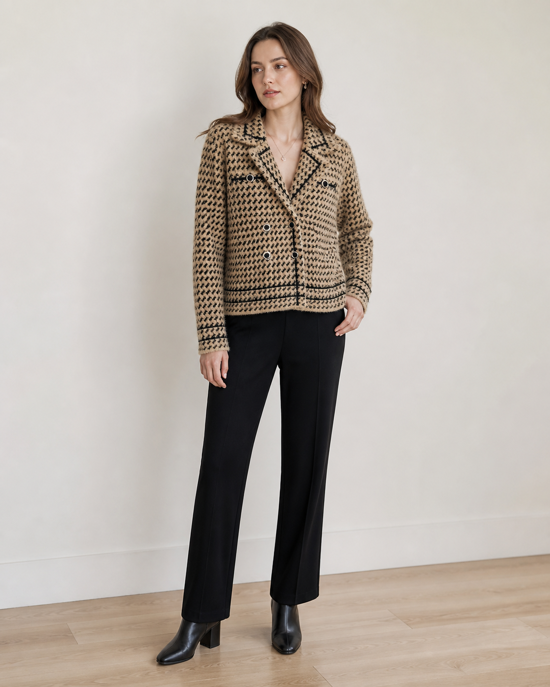 Camel cardigan — main model view