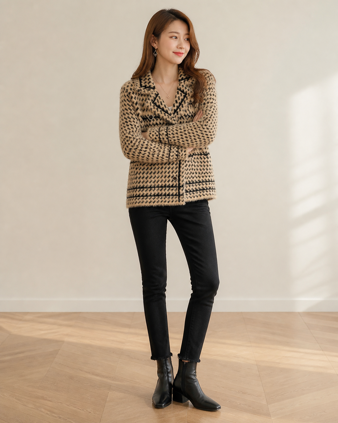 Camel cardigan — standing model view