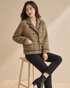 Camel cardigan — seated model view