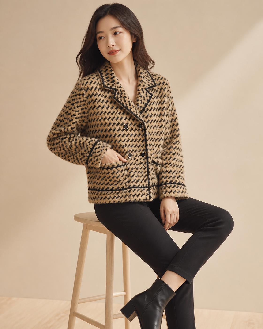 Camel cardigan — seated model view
