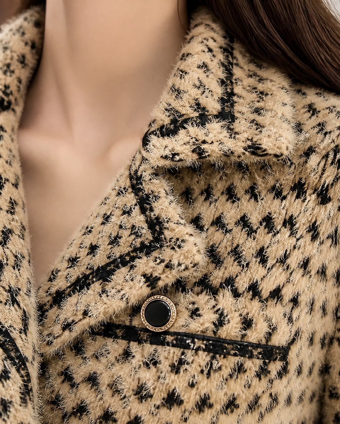 Camel cardigan — texture and button detail