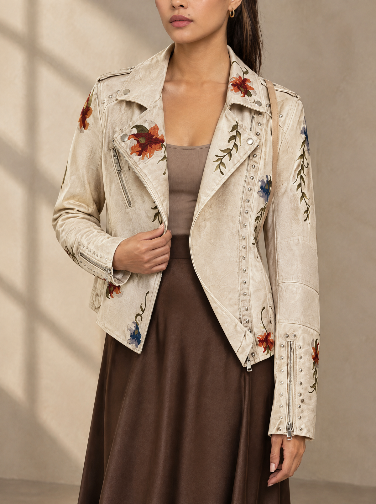 Warm editorial room · Soft sophisticated / old money Beige bust to thigh
