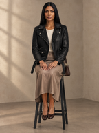Warm editorial room · Soft sophisticated / old money Black seated or lean