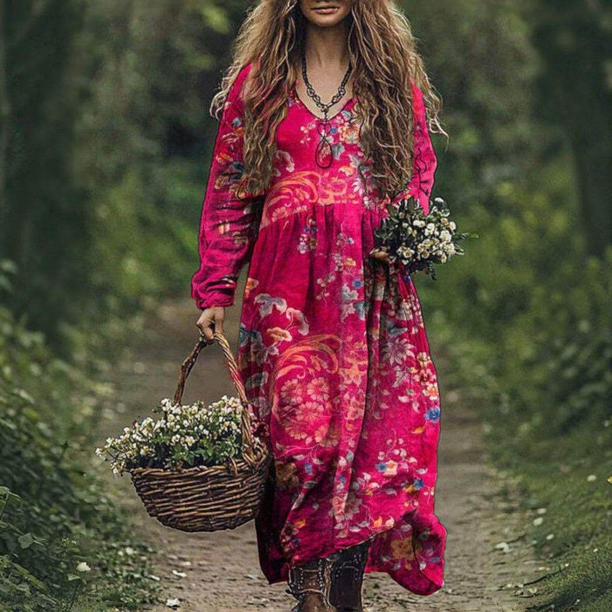 Women's Vintage Western V-Neck Maxi Dress
