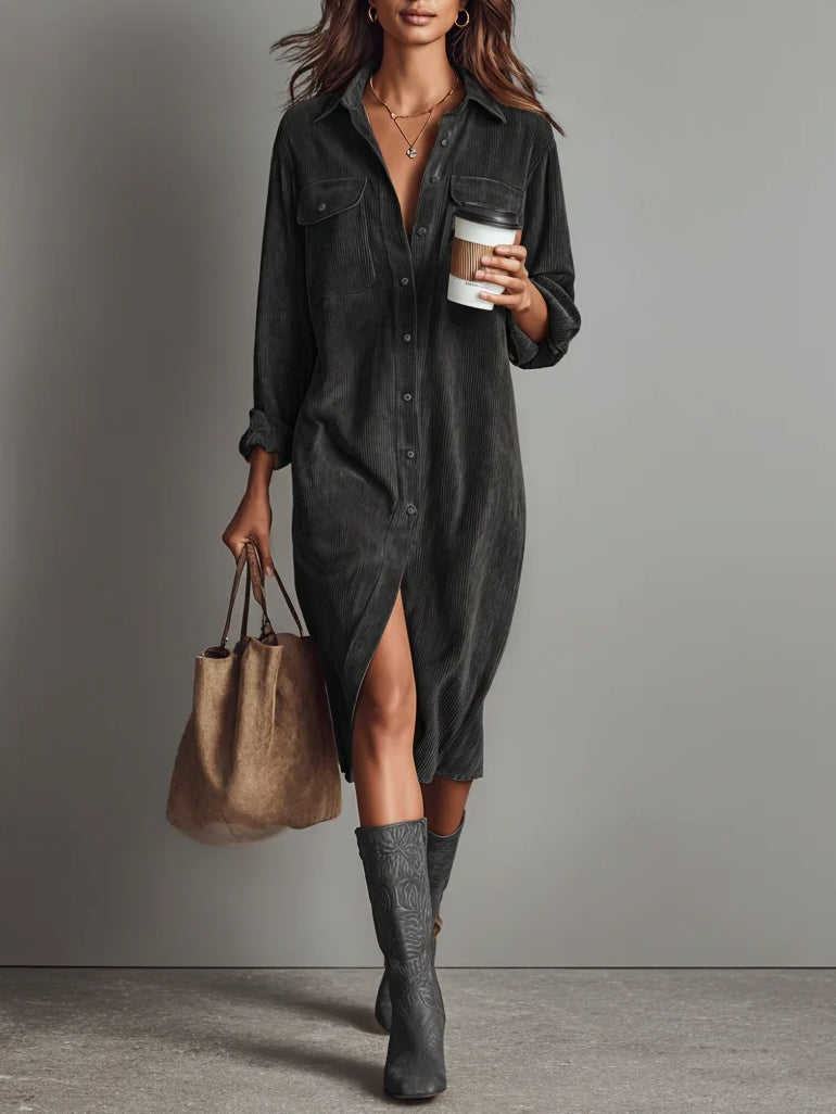 Women's Corduroy Single-Breasted Midi Dress