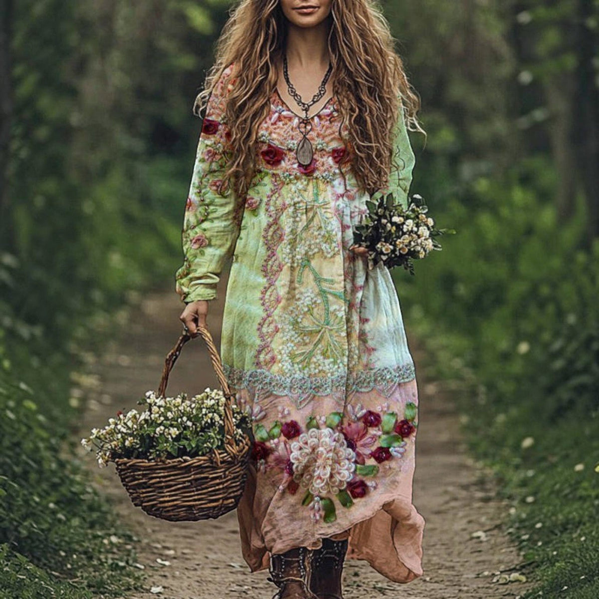 Women's Vintage Western V-Neck Maxi Dress