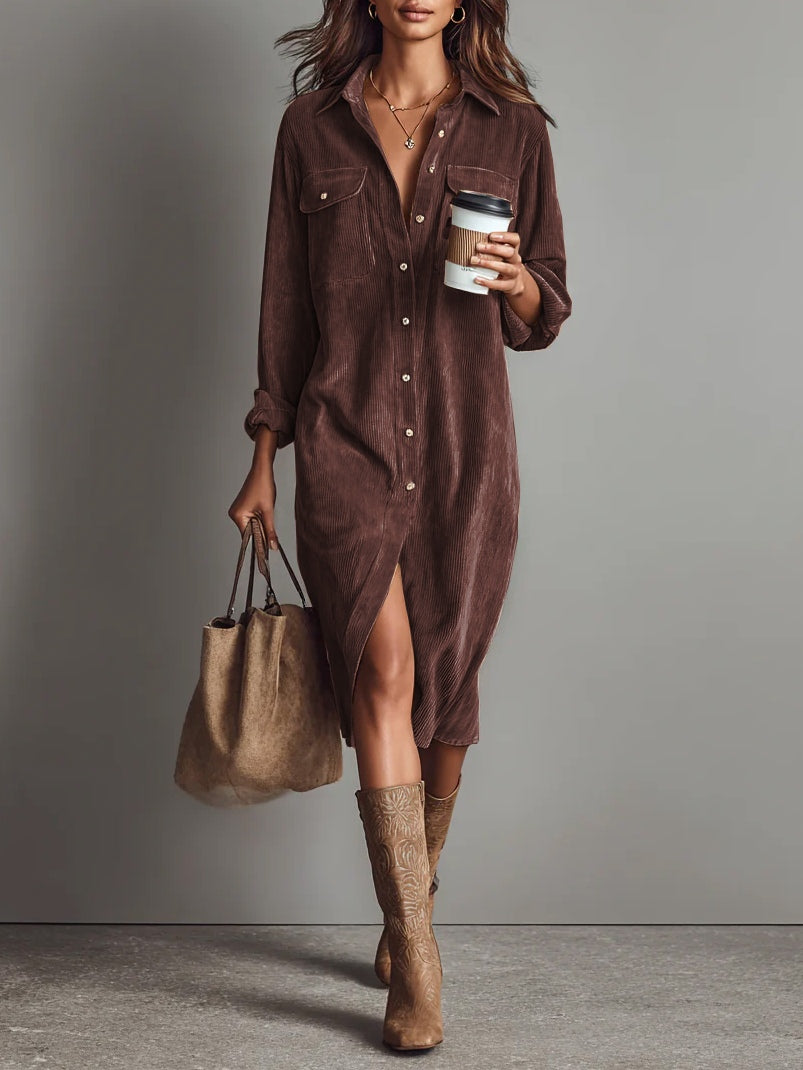 Women's Corduroy Single-Breasted Midi Dress