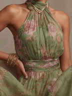 Women's Green Floral Chiffon Halter Maxi Dress